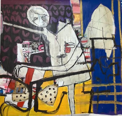 Dreamlike painting of a pale fairy figure with a ladybug against royal blue, yellow and plum patterns, acrylic on canvas