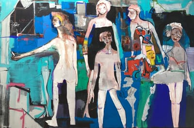 Figurative painting of five students standing against layered blue and teal tones, acrylic on canvas