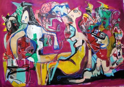 Expressive painting of abstract figures crowding a magenta background in vibrant reds, yellows and teal, acrylic on canvas