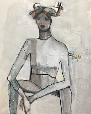 Quiet figurative painting of a seated woman in soft grey and white tones with red lips, textured acrylic on canvas